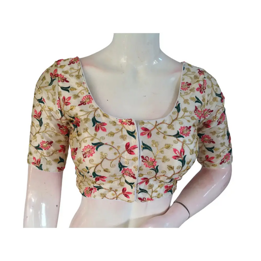 Sophisticated Off-White Silk Saree with Exquisite Embroidery Blouse - D3blouses