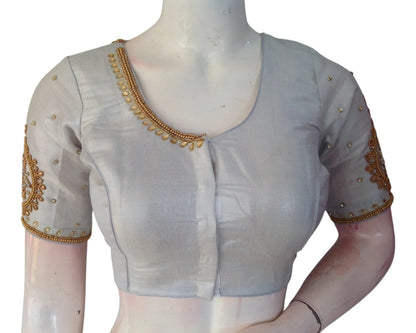 Sophisticated Silver Tissue Silk Aari Handwork Bridal Blouse - Latest Design | D3 Blouses - D3blouses