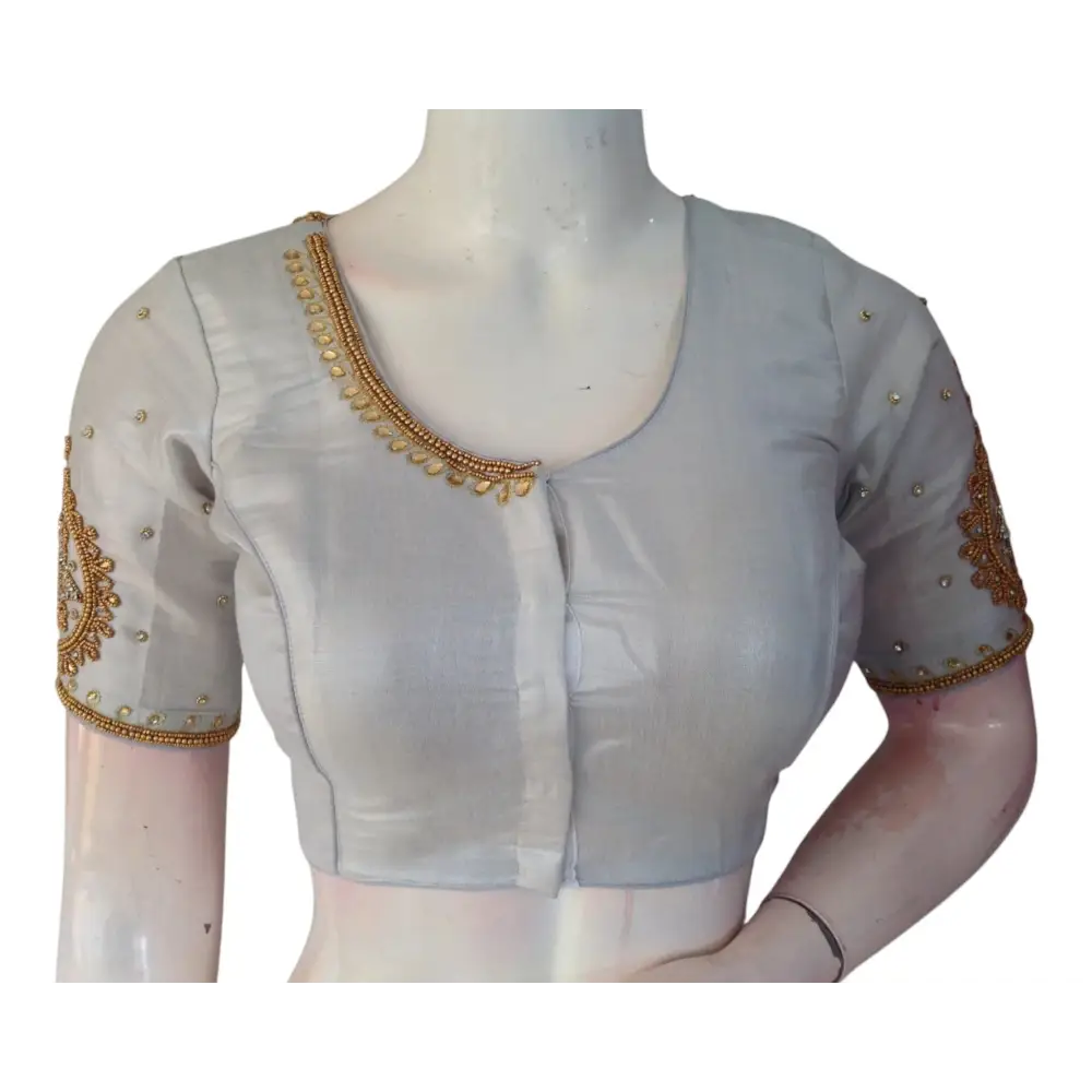 Sophisticated Silver Tissue Silk Aari Handwork Bridal Blouse - Latest Design | D3 Blouses - D3blouses
