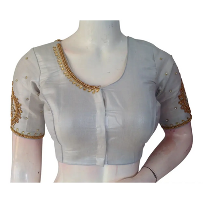 Sophisticated Silver Tissue Silk Aari Handwork Bridal Blouse - Latest Design | D3 Blouses - D3blouses