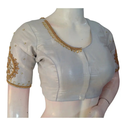 Sophisticated Silver Tissue Silk Aari Handwork Bridal Blouse - Latest Design | D3 Blouses - D3blouses
