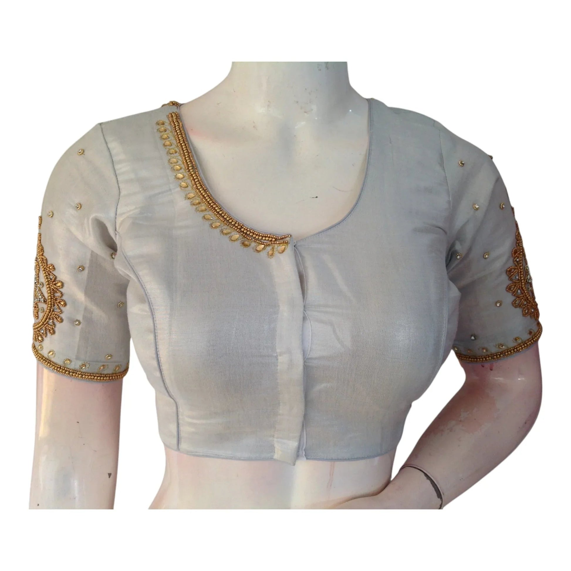 Sophisticated Silver Tissue Silk Aari Handwork Bridal Blouse - Latest Design | D3 Blouses - D3blouses