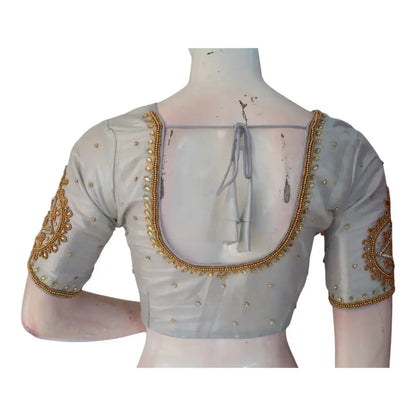 Sophisticated Silver Tissue Silk Aari Handwork Bridal Blouse - Latest Design | D3 Blouses - D3blouses
