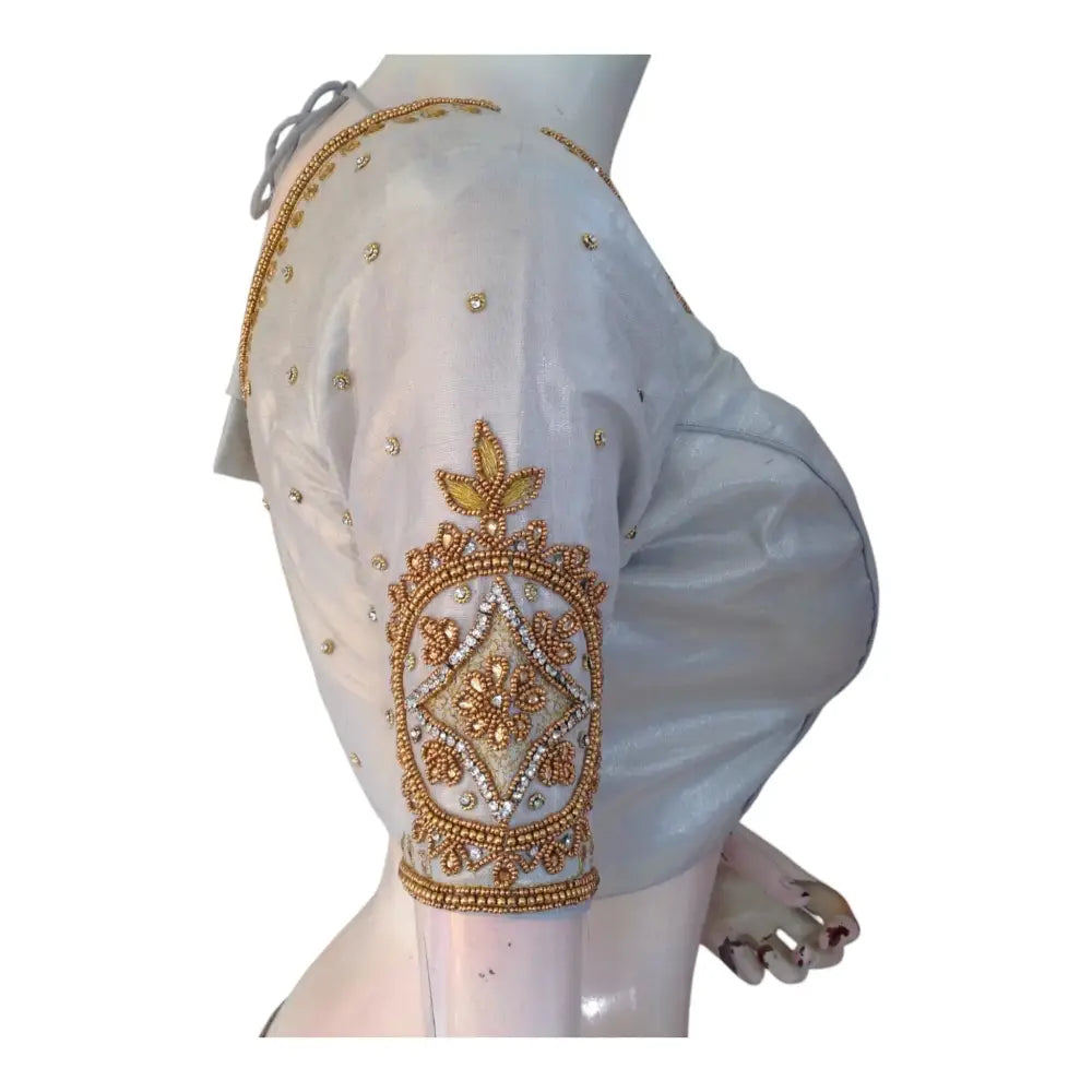 Sophisticated Silver Tissue Silk Aari Handwork Bridal Blouse - Latest Design | D3 Blouses - D3blouses