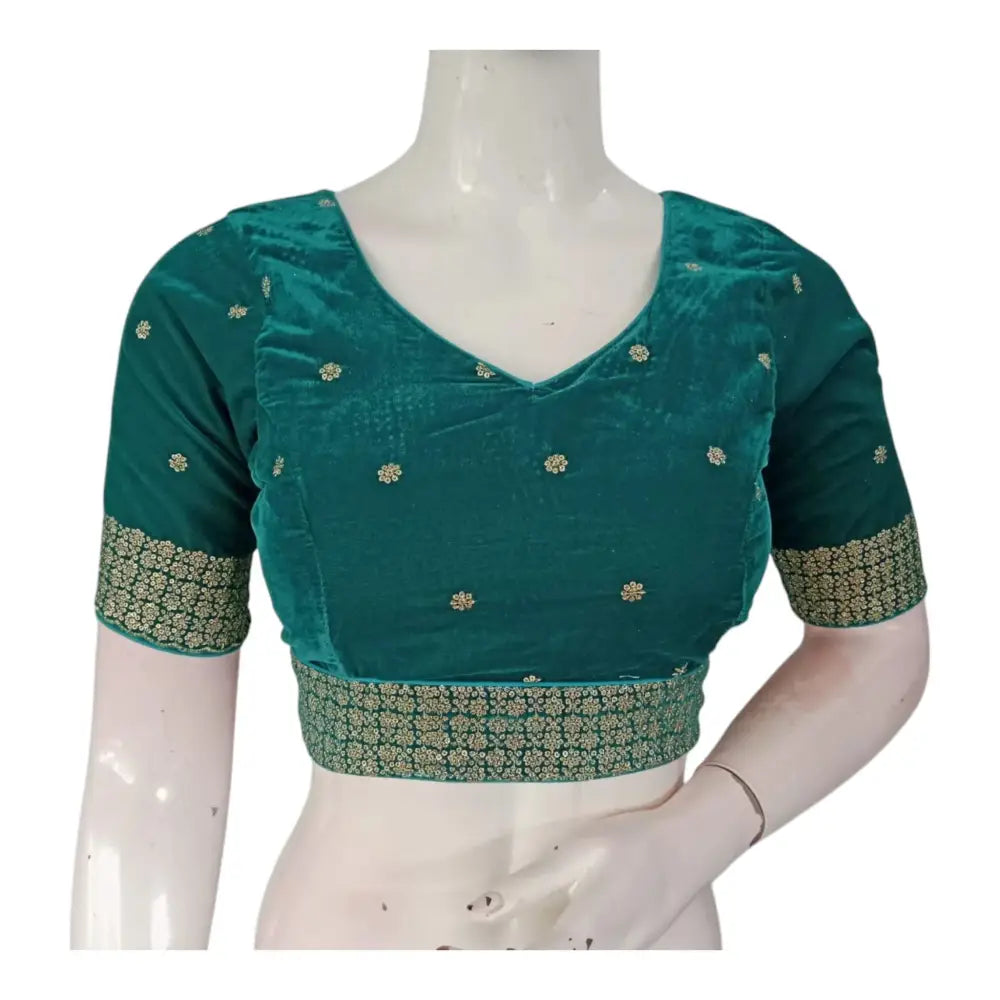 Sparkling Teal Green Color Velvet Sequin Readymade Saree Blouse - D3blouses