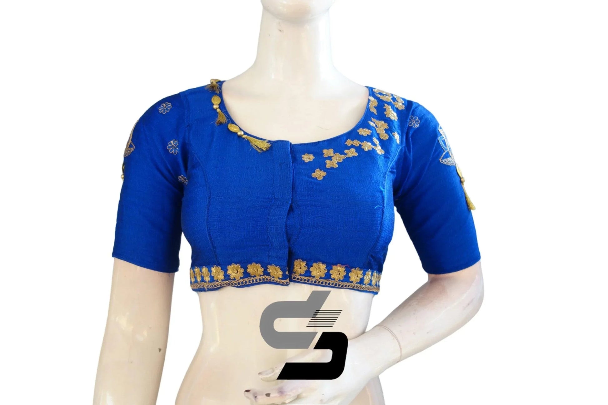 Splendid Royal Blue High Neck Designer Silk Saree Blouses - D3blouses