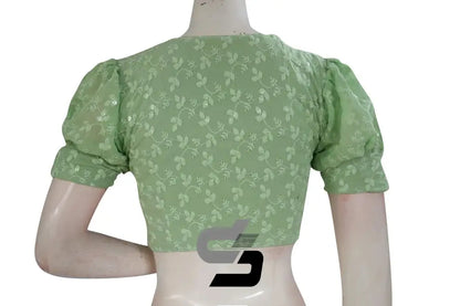 Spring Serenity: Pastel Green High Neck Chikankari Saree Blouse with Puff Sleeves - D3blouses