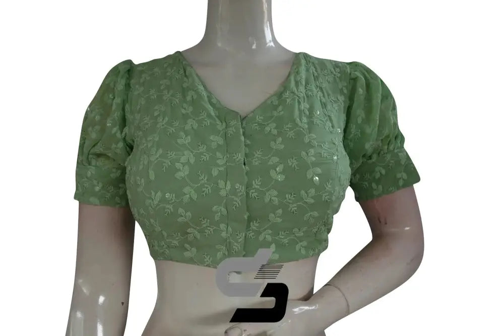 Spring Serenity: Pastel Green High Neck Chikankari Saree Blouse with Puff Sleeves - D3blouses