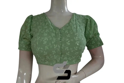 Spring Serenity: Pastel Green High Neck Chikankari Saree Blouse with Puff Sleeves - D3blouses