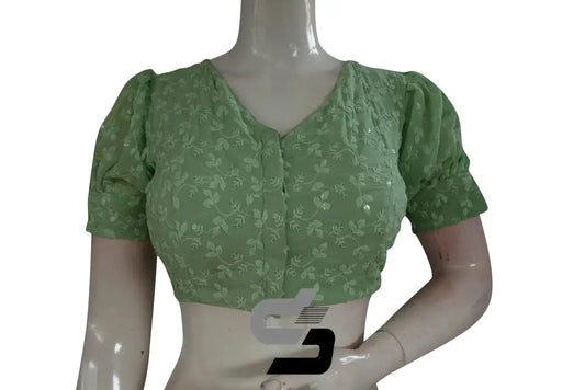 Spring Serenity: Pastel Green High Neck Chikankari Saree Blouse with Puff Sleeves - D3blouses