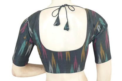 Stay Stylish and Safe with Grey Ikkat Readymade Blouse with Included Face Mask - D3blouses