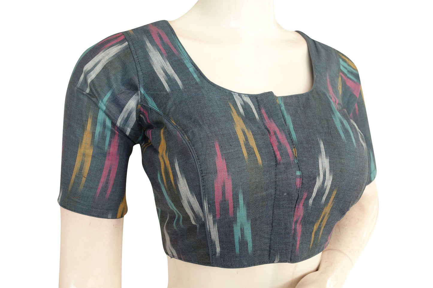 Stay Stylish and Safe with Grey Ikkat Readymade Blouse with Included Face Mask - D3blouses