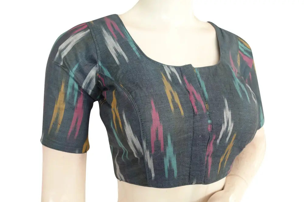 Stay Stylish and Safe with Grey Ikkat Readymade Blouse with Included Face Mask - D3blouses