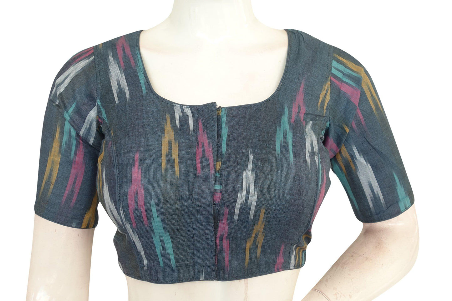 Stay Stylish and Safe with Grey Ikkat Readymade Blouse with Included Face Mask - D3blouses