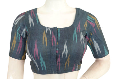 Stay Stylish and Safe with Grey Ikkat Readymade Blouse with Included Face Mask - D3blouses