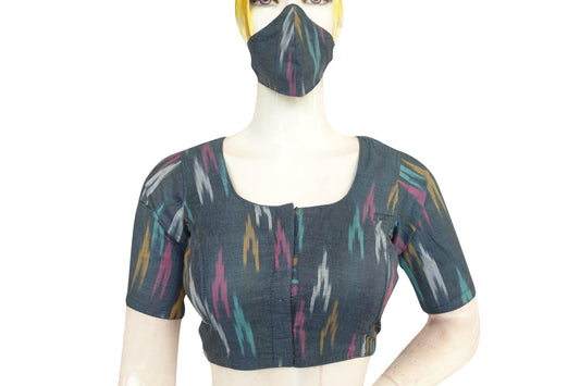 Stay Stylish and Safe with Grey Ikkat Readymade Blouse with Included Face Mask - D3blouses