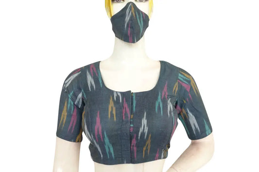 Stay Stylish and Safe with Grey Ikkat Readymade Blouse with Included Face Mask - D3blouses