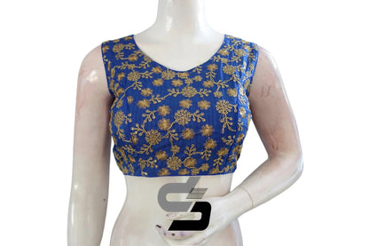 "Step into Elegance: Royal Blue Designer Semi Silk Embroidery Saree Blouses" - D3blouses