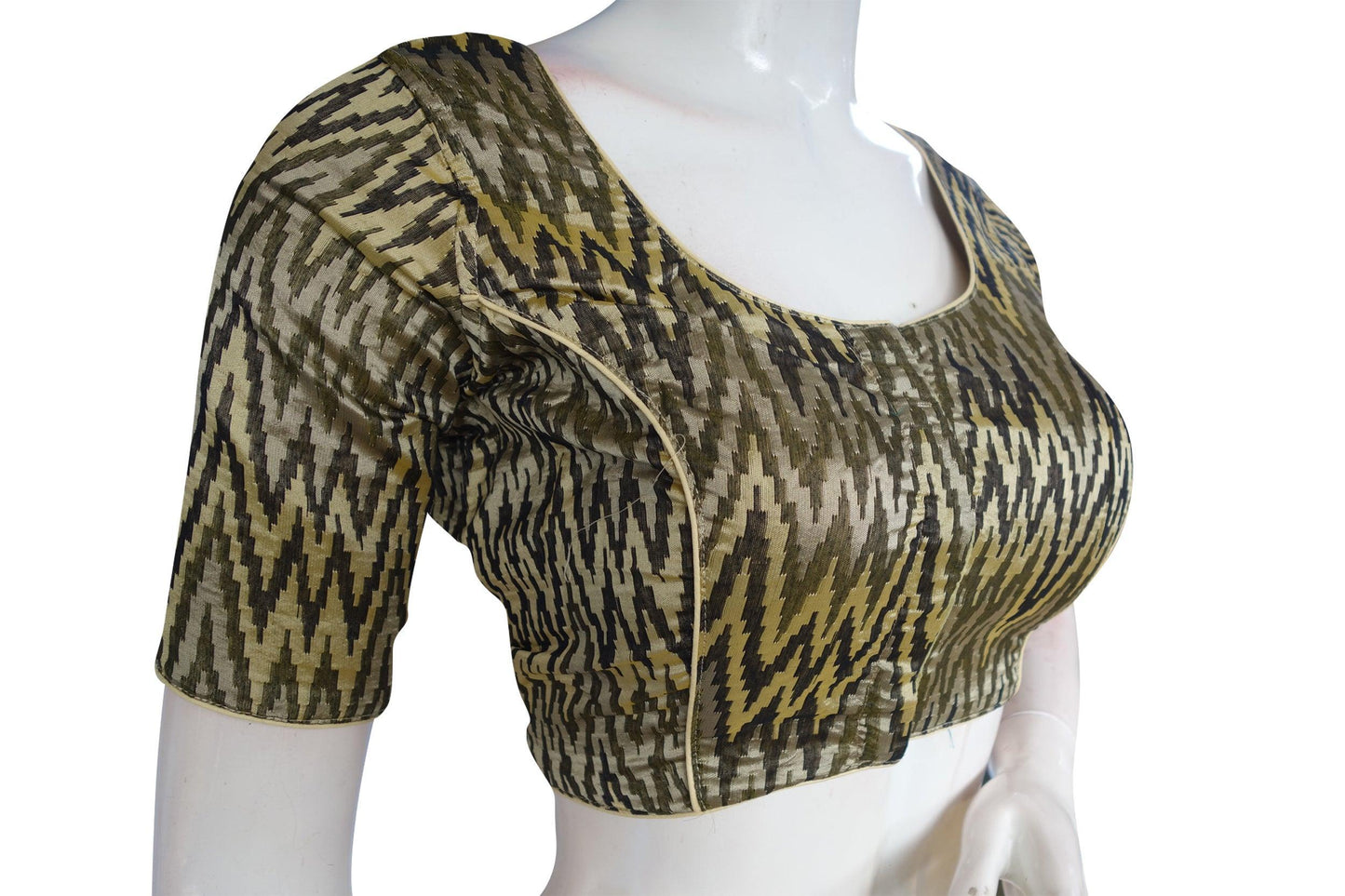 Stunning Banana Cream Ikkat Silk Cotton Saree Blouse, Ready-to-Wear - D3blouses