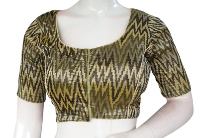 Stunning Banana Cream Ikkat Silk Cotton Saree Blouse, Ready-to-Wear - D3blouses