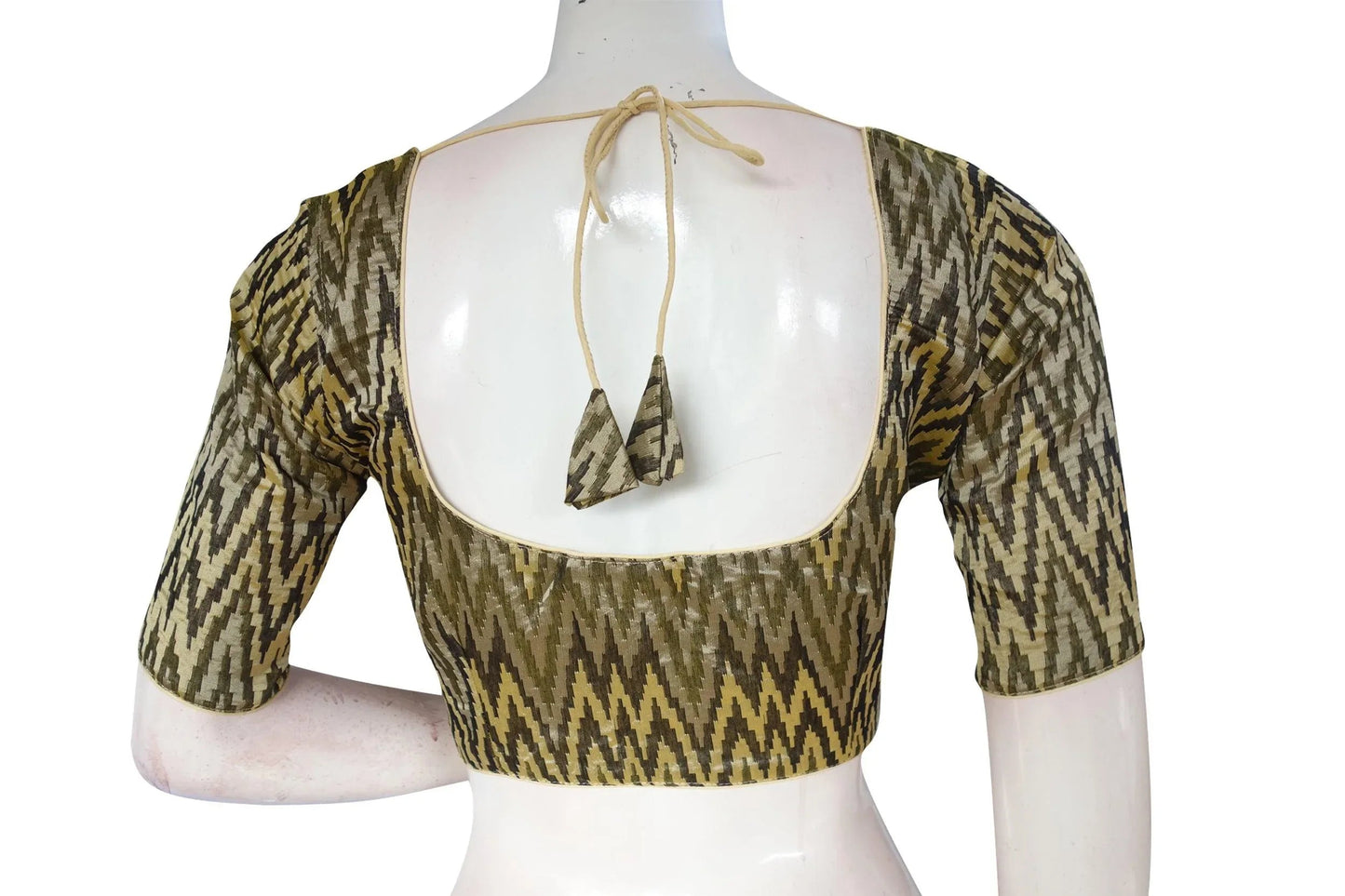 Stunning Banana Cream Ikkat Silk Cotton Saree Blouse, Ready-to-Wear - D3blouses