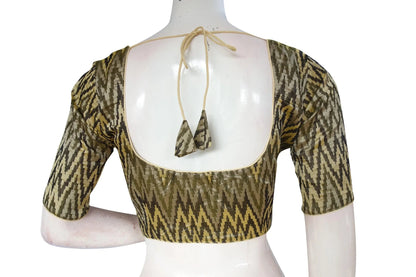 Stunning Banana Cream Ikkat Silk Cotton Saree Blouse, Ready-to-Wear - D3blouses