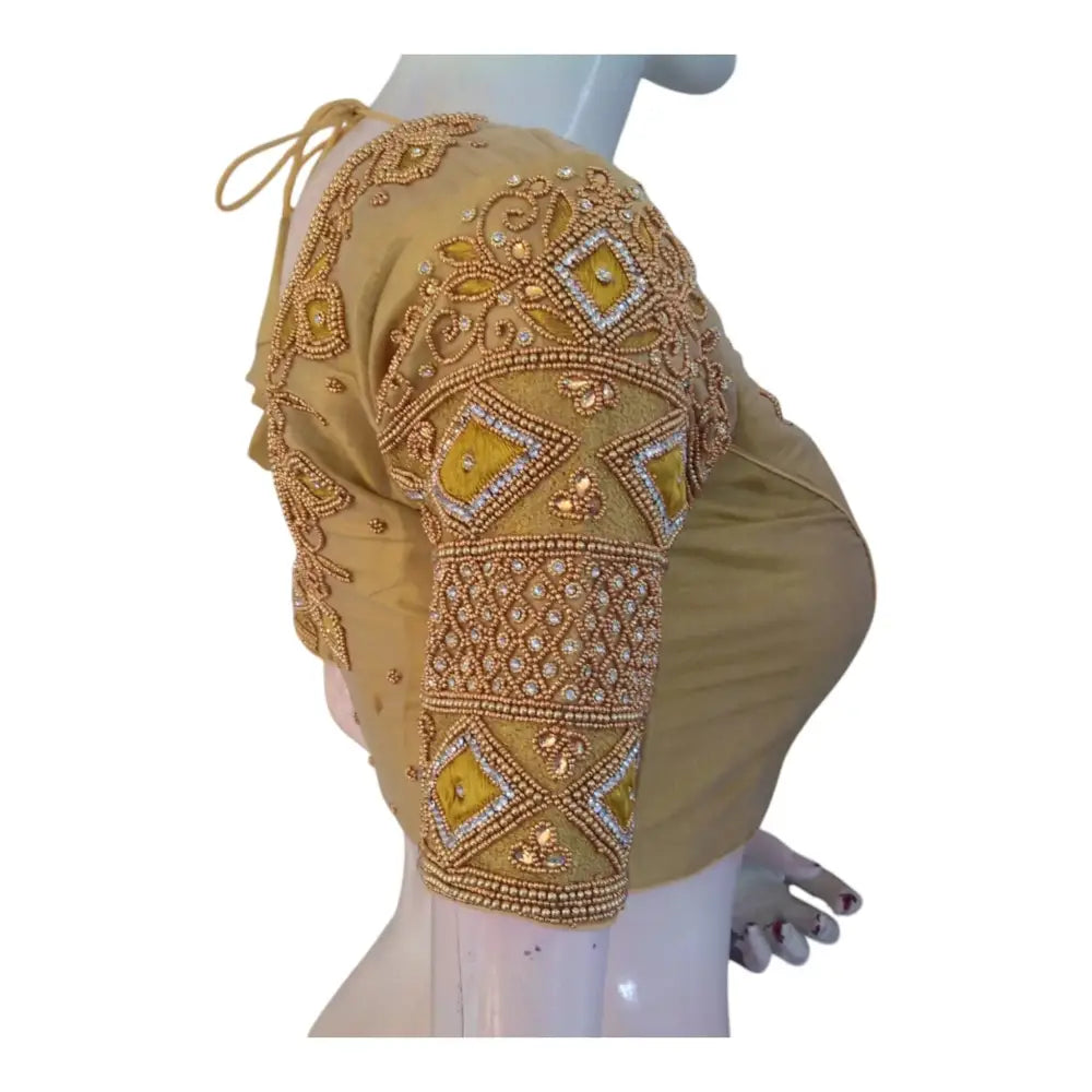 Stunning Gold Aari Handwork Wedding Silk Saree Ready made Blouse - D3blouses