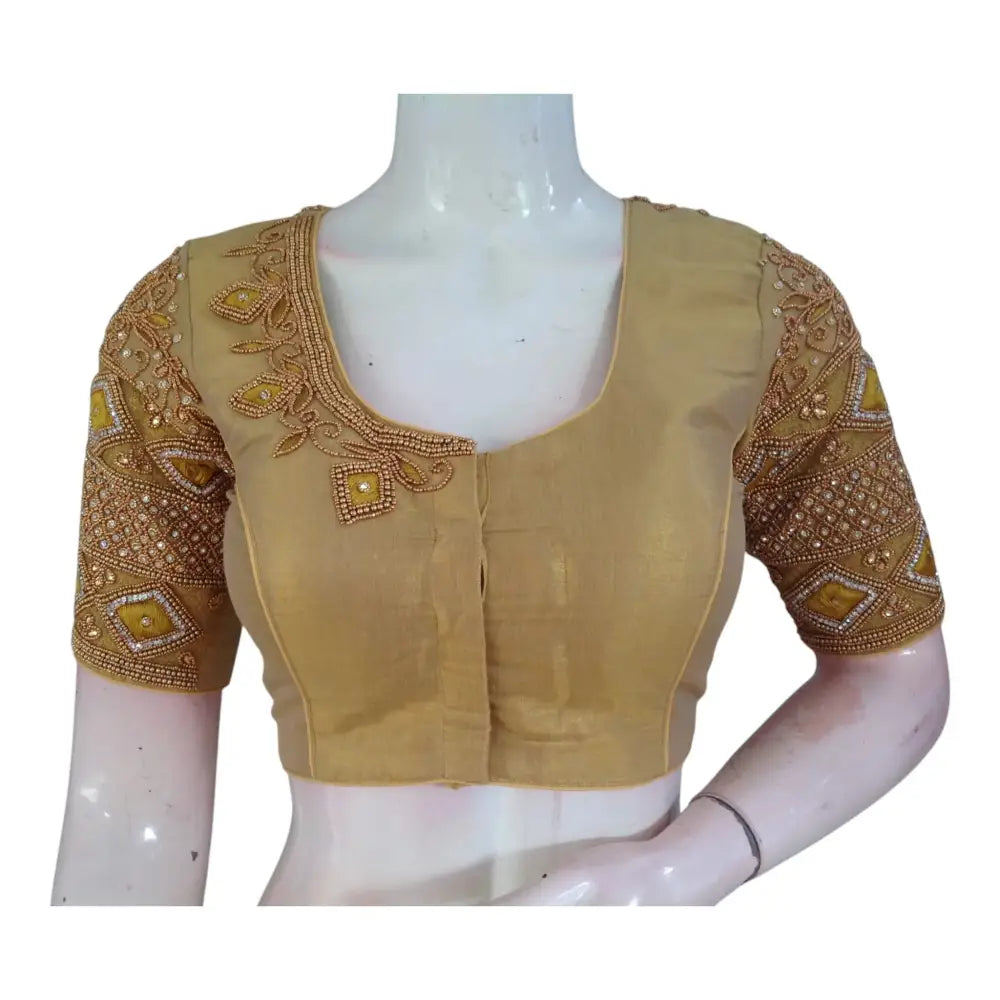 Stunning Gold Aari Handwork Wedding Silk Saree Ready made Blouse - D3blouses