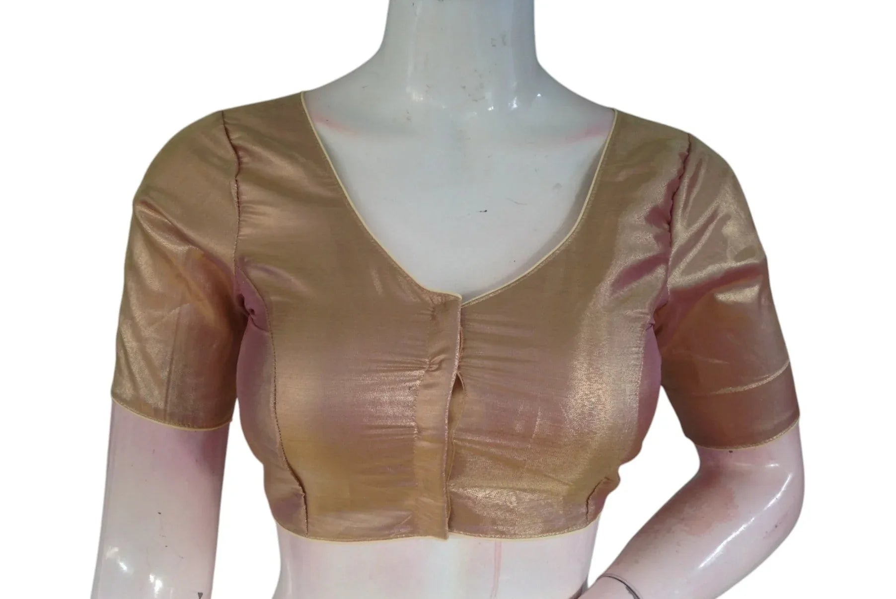 Stunning Gold Plain Tissue Silk Saree Blouse | V-Neck | Readymade Blouse - D3blouses
