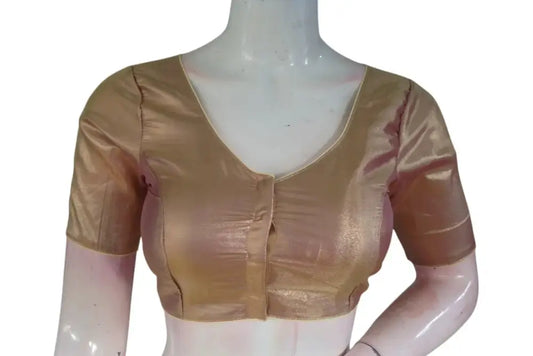 Stunning Gold Plain Tissue Silk Saree Blouse | V-Neck | Readymade Blouse - D3blouses