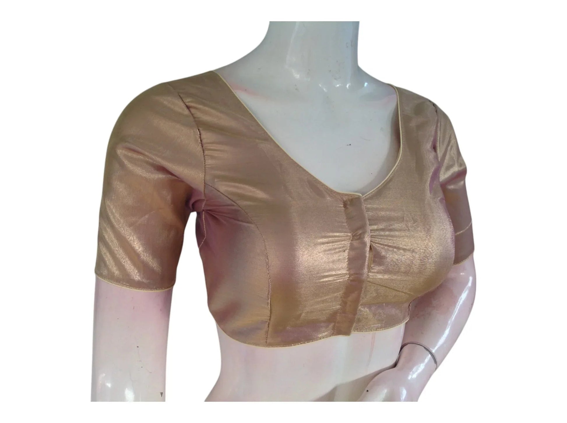Stunning Gold Plain Tissue Silk Saree Blouse | V-Neck | Readymade Blouse - D3blouses