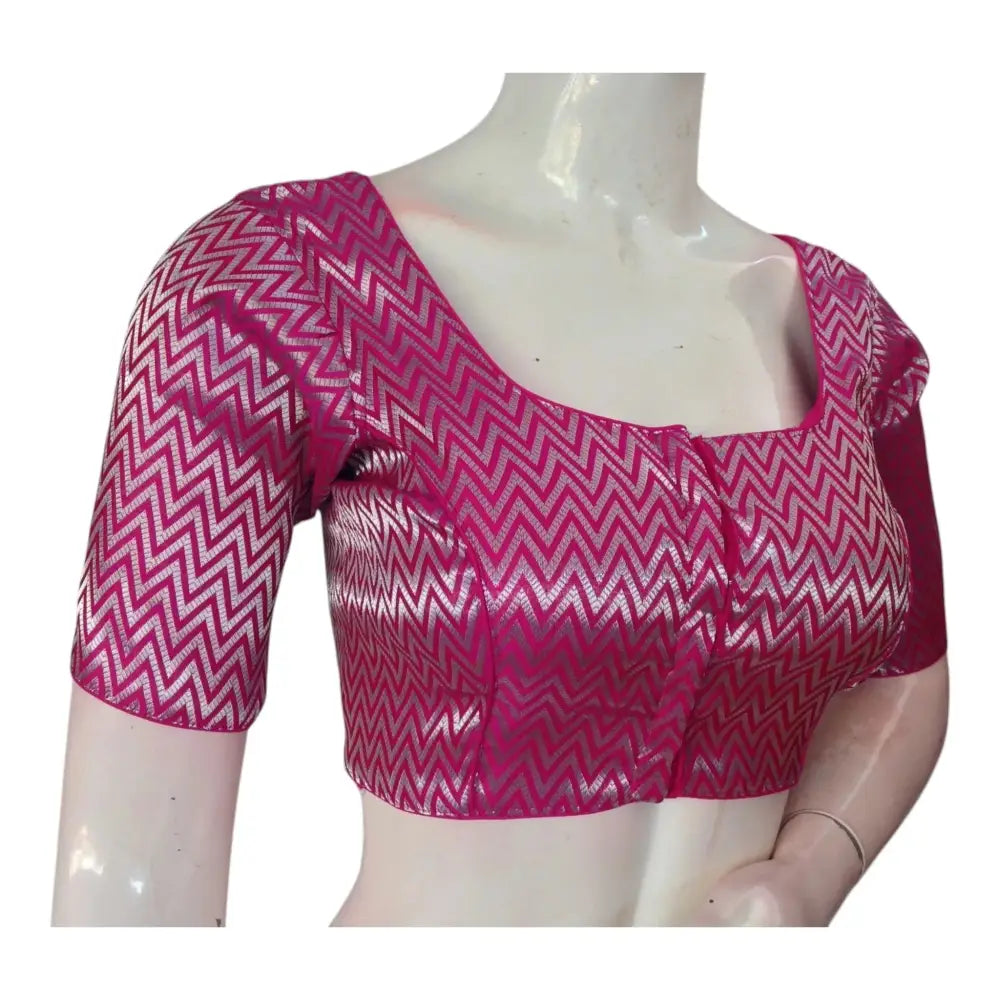 Stunning Rani Pink & Silver Mixed Banarasi Brocade Silk Readymade Blouse - D3blouses