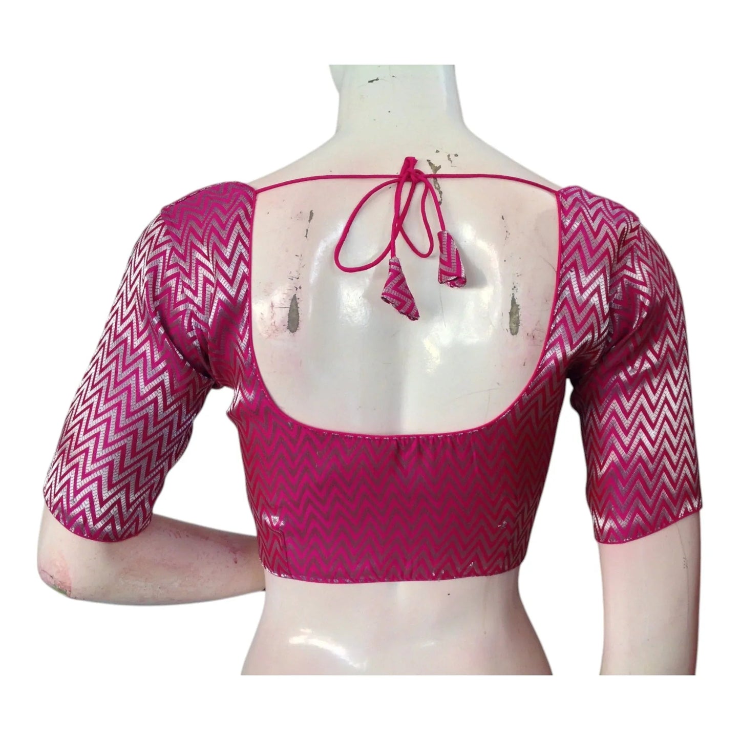 Stunning Rani Pink & Silver Mixed Banarasi Brocade Silk Readymade Blouse - D3blouses