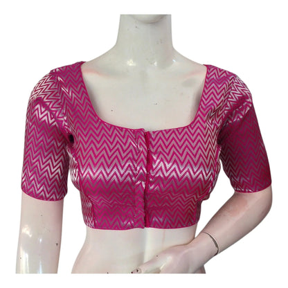 Stunning Rani Pink & Silver Mixed Banarasi Brocade Silk Readymade Blouse - D3blouses