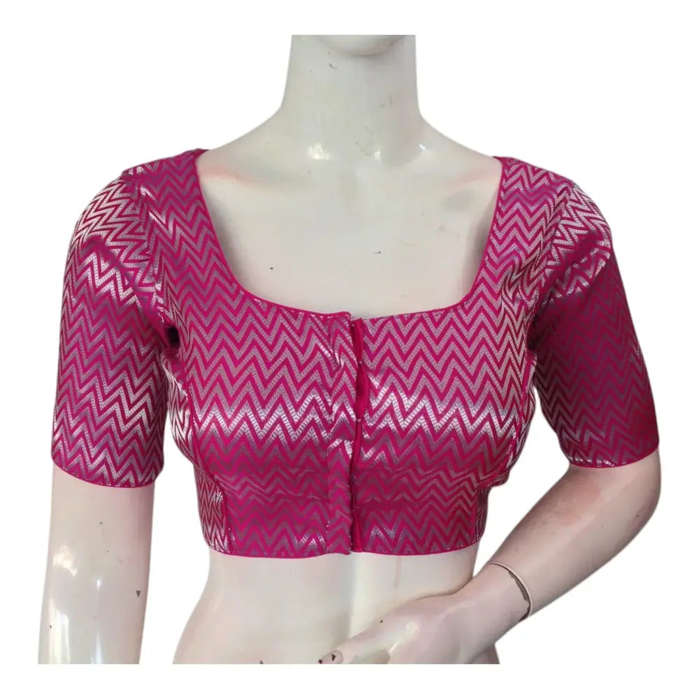 Stunning Rani Pink & Silver Mixed Banarasi Brocade Silk Readymade Blouse - D3blouses