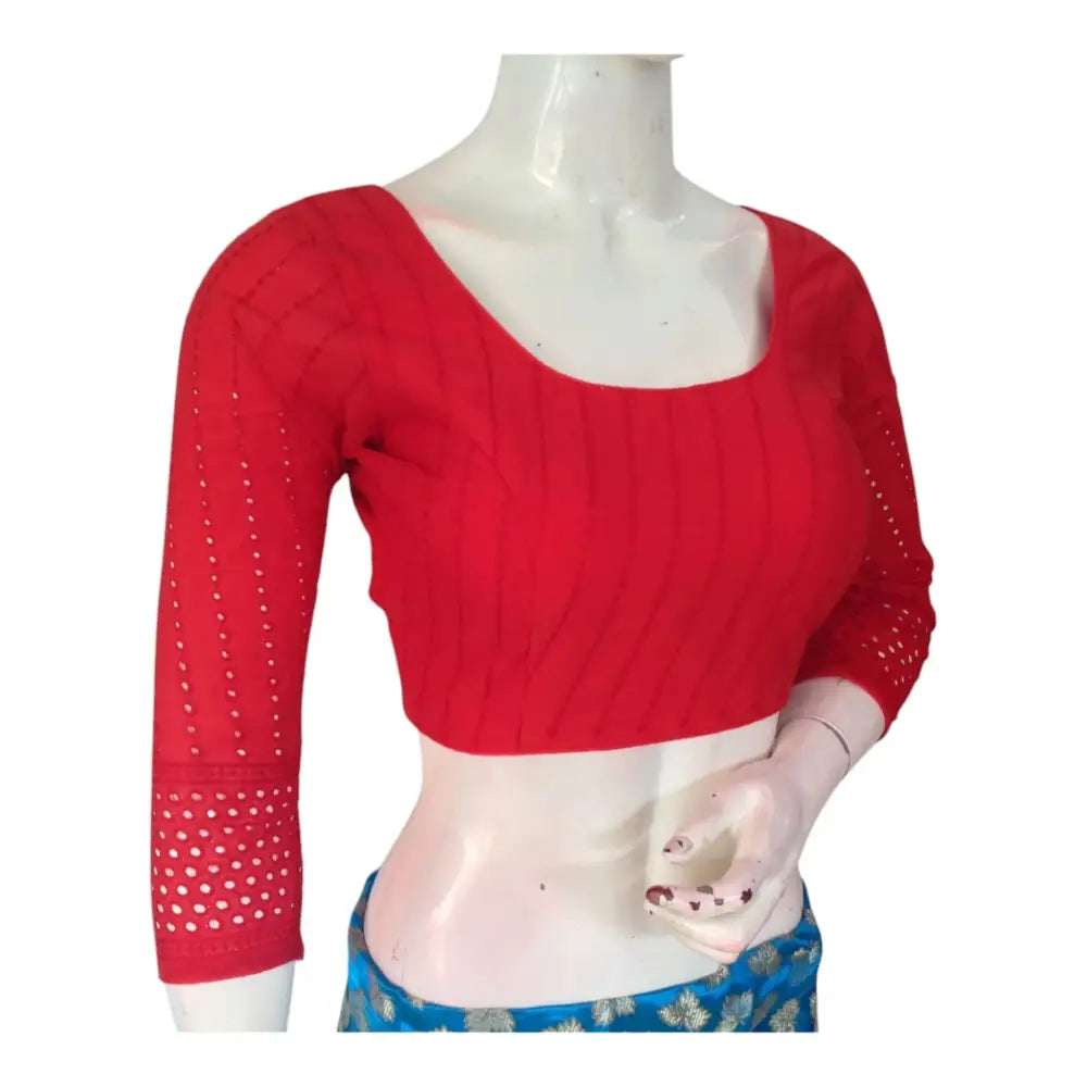 Stunning Red Hakoba Cotton Bracelet Sleeve Readymade Saree Blouse - D3blouses