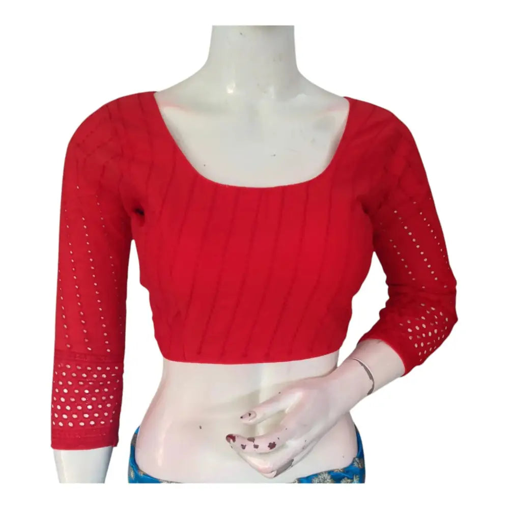 Stunning Red Hakoba Cotton Bracelet Sleeve Readymade Saree Blouse - D3blouses