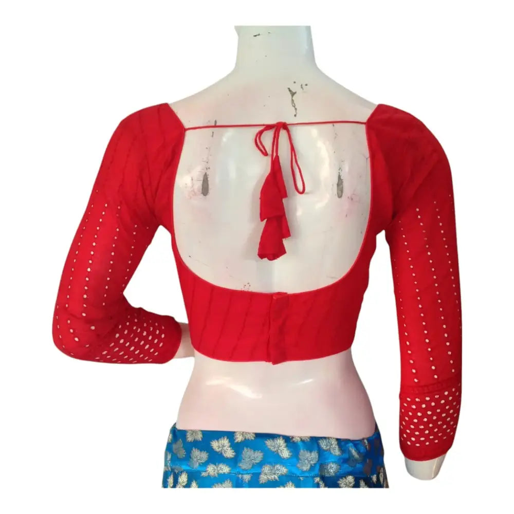 Stunning Red Hakoba Cotton Bracelet Sleeve Readymade Saree Blouse - D3blouses