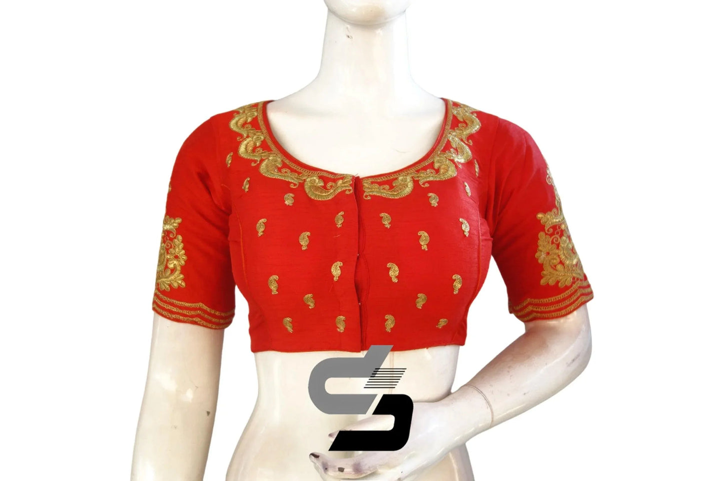 Stunning Red High Neck Designer Silk Embroidered Blouses - D3blouses