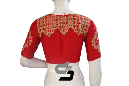 Stunning Red High Neck Embroidered Saree Blouses - Timeless Elegance - D3blouses