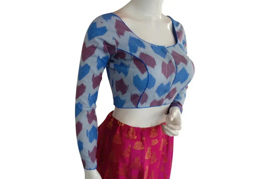 Stylish Blue Ikkat Full Sleeves Readymade Saree Blouse - D3blouses