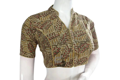 Stylish Dark Olive Green Kalamkari Collar Designer Blouse, Ready-to-Wear - D3blouses