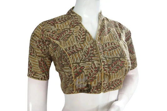 Stylish Dark Olive Green Kalamkari Collar Designer Blouse, Ready-to-Wear - D3blouses