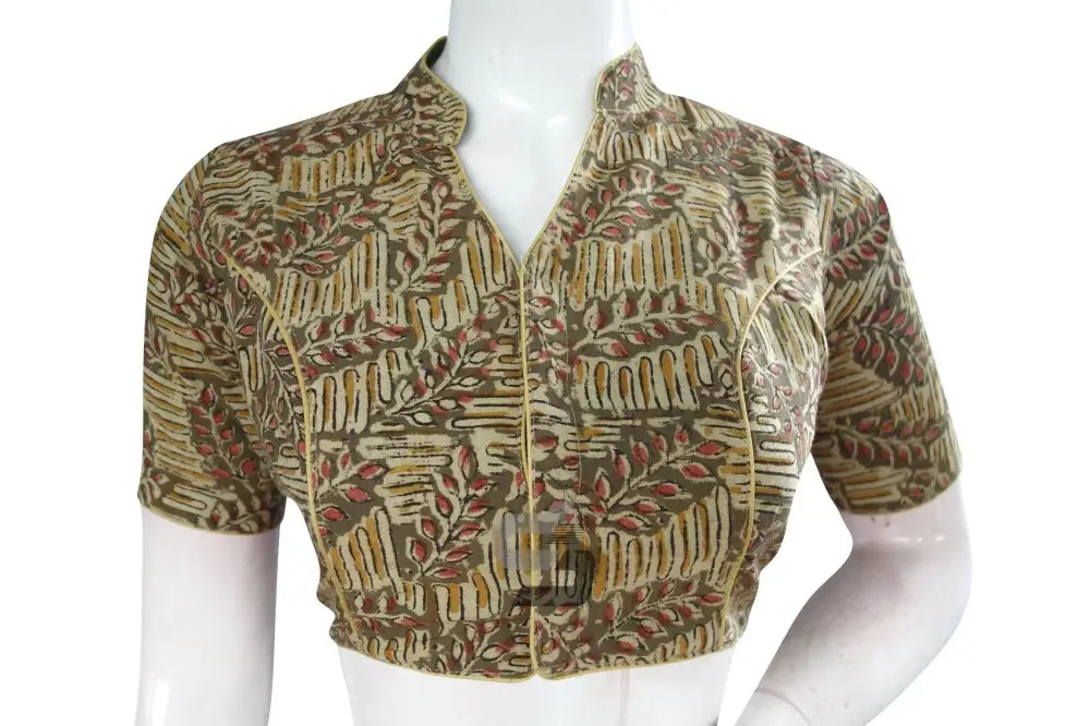 Stylish Dark Olive Green Kalamkari Collar Designer Blouse, Ready-to-Wear - D3blouses