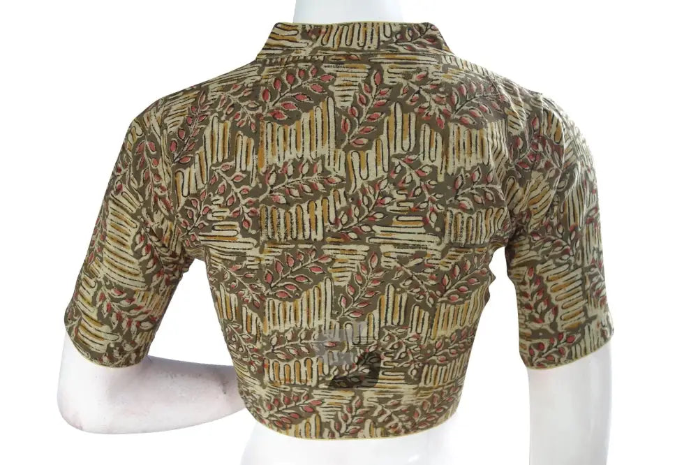 Stylish Dark Olive Green Kalamkari Collar Designer Blouse, Ready-to-Wear - D3blouses
