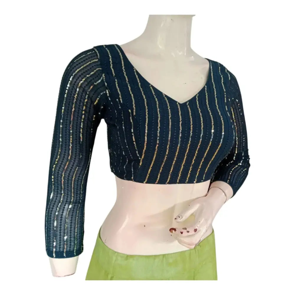 Stylish Dark Teal Color 3/4th Sleeve Sequin Blouse for Designer Sarees - D3blouses