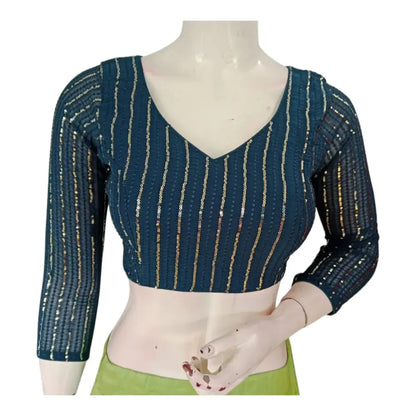 Stylish Dark Teal Color 3/4th Sleeve Sequin Blouse for Designer Sarees - D3blouses