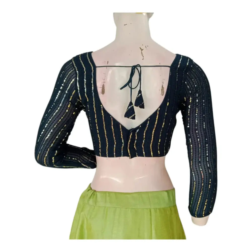 Stylish Dark Teal Color 3/4th Sleeve Sequin Blouse for Designer Sarees - D3blouses