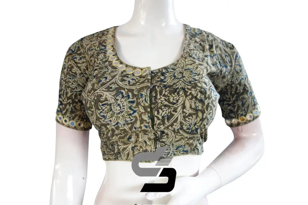 Stylish Green Kalamkari Cotton Blouse, Mirror Neck & Sleeves, Ready-to-Wear - D3blouses