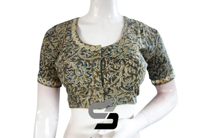 Stylish Green Kalamkari Cotton Blouse, Mirror Neck & Sleeves, Ready-to-Wear - D3blouses